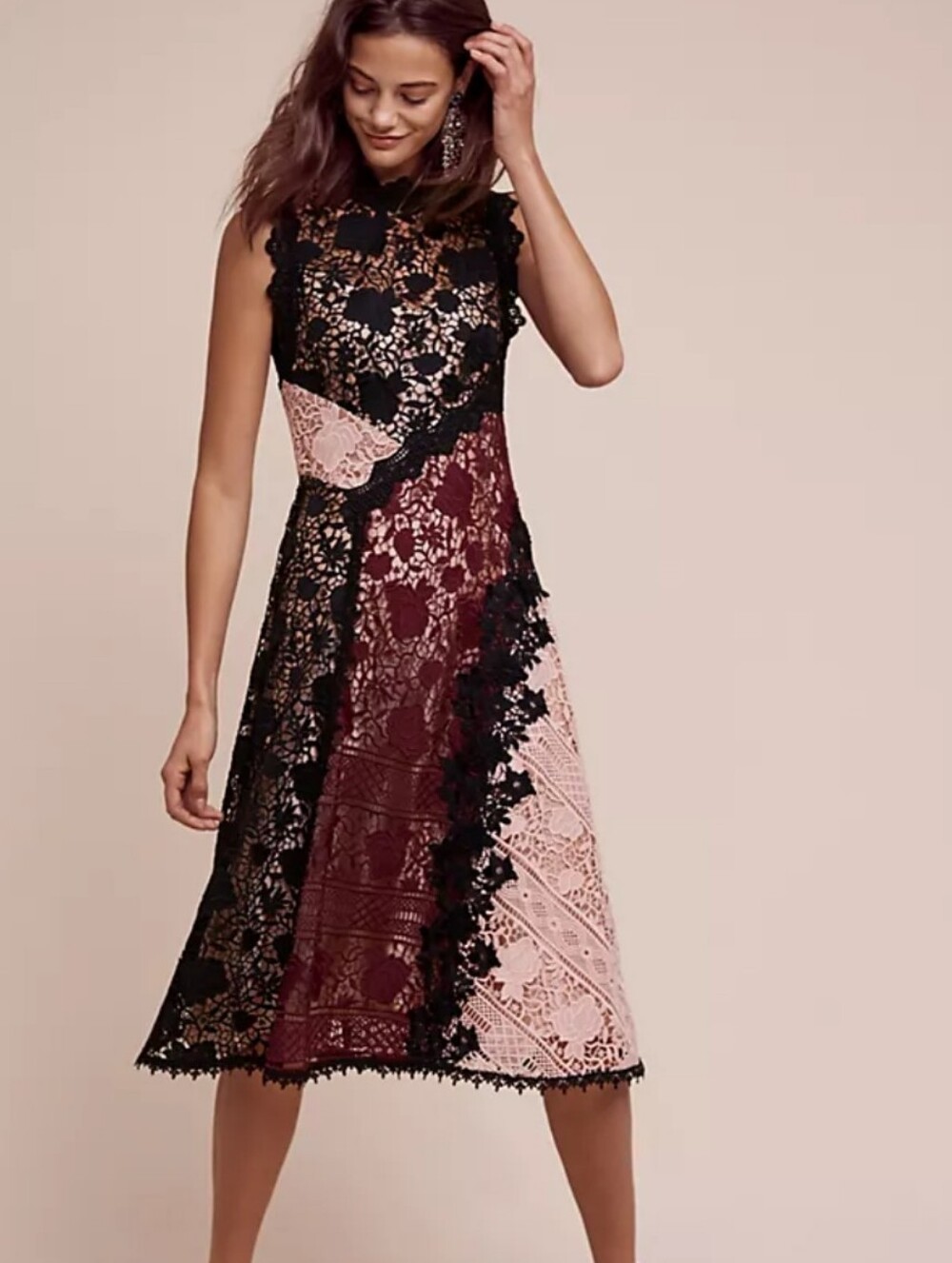 Nanette Lepore Black, Burgundy & Blush Lace Panel Midi Dress